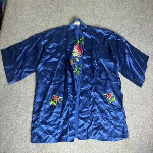 Vintage Golden Bee Small Chinese Silk Floral Blue Floral Embroidered Kimono Robe